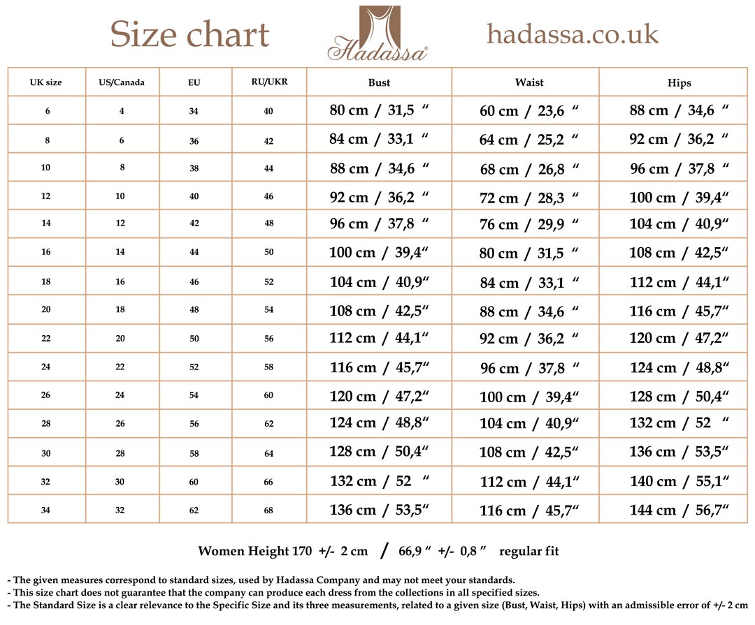 Hadassa's size chart